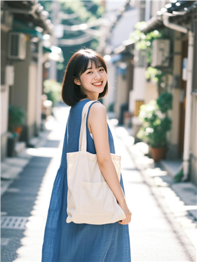 街头文艺风蓝色棉麻长裙美女写真图片